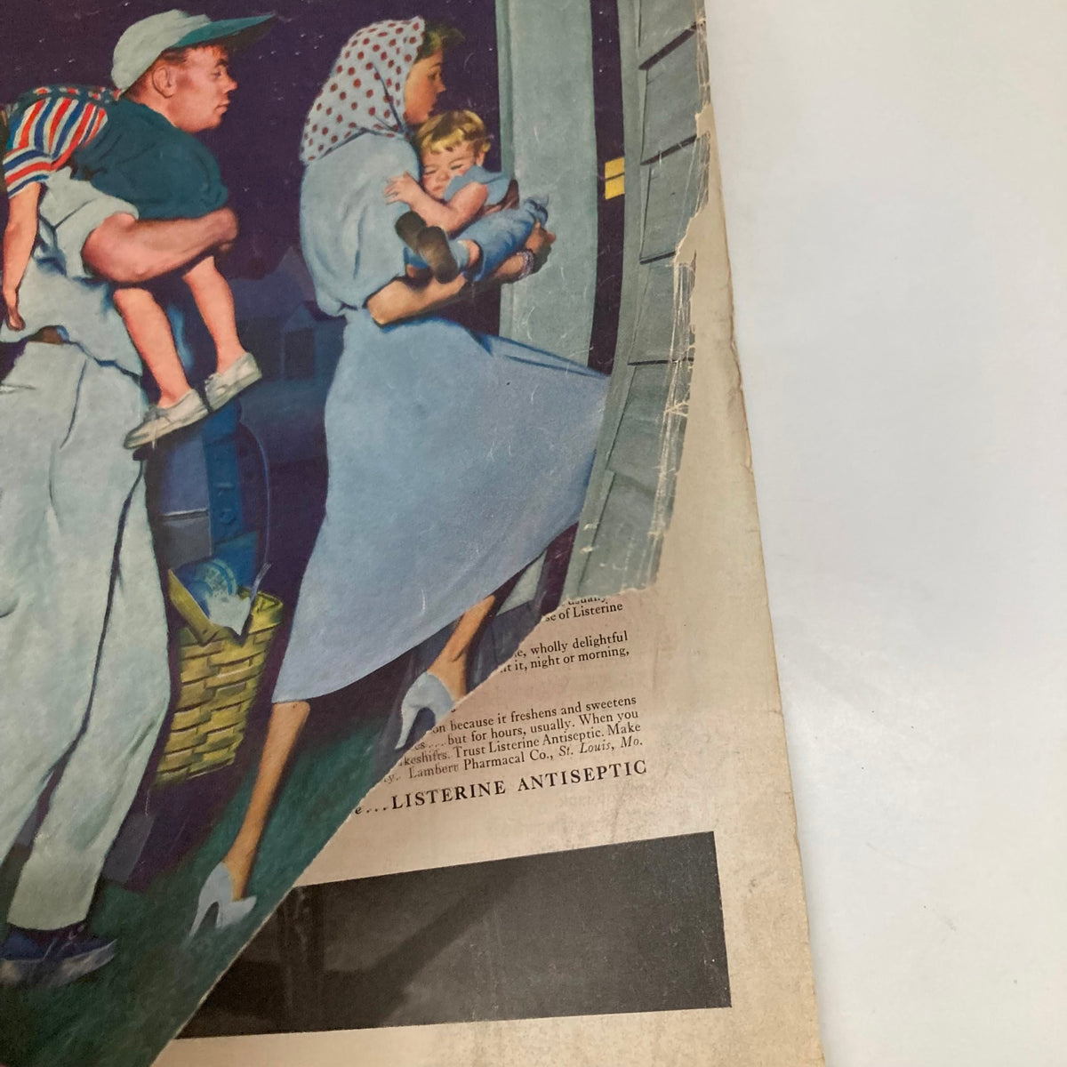 Detailed view of the Saturday Evening Post Magazine September 1, 1951 cover art, highlighting a family moment with children and a vintage advertisement for Listerine Antiseptic.