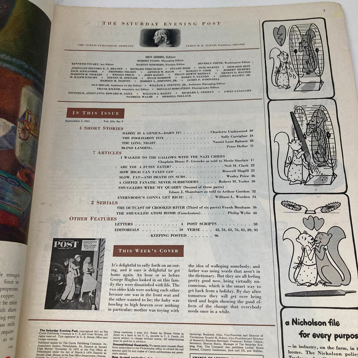 Interior page of the Saturday Evening Post Magazine September 1, 1951, featuring the table of contents and article highlights, showcasing vintage magazine appeal.