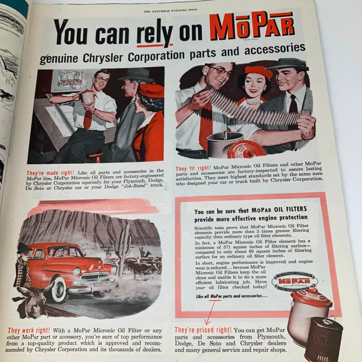 Advertisement page from the Saturday Evening Post Magazine September 1, 1951, promoting MoPar genuine Chrysler parts and accessories with vibrant illustrations.