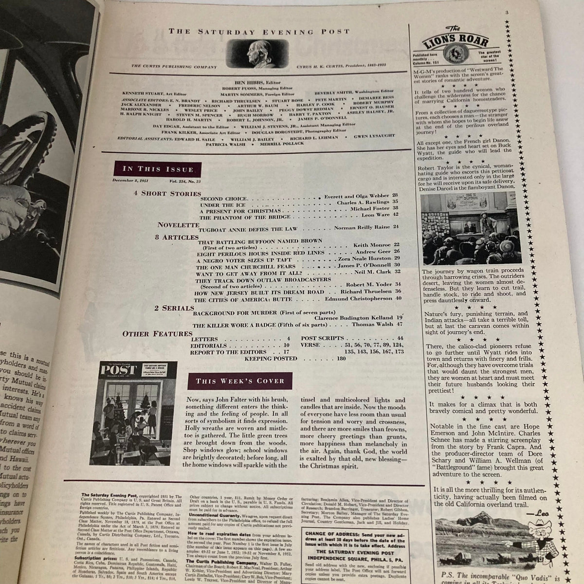Interior page of the Saturday Evening Post Magazine December 8, 1951, featuring an overview of the articles and stories in the issue, highlighting the cover by John Falter and including editorial notes.