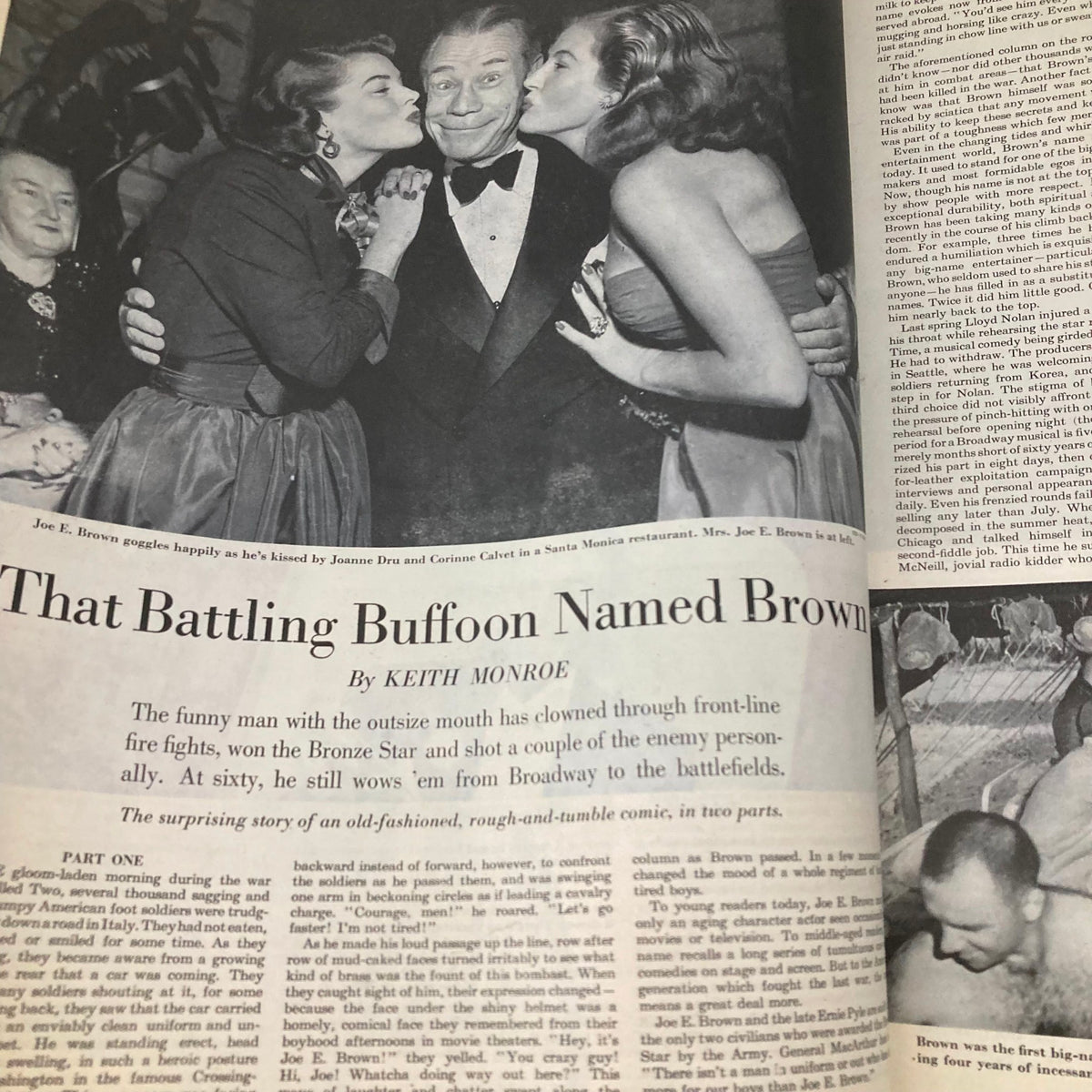 Saturday Evening Post Magazine December 8 1951, featuring Joe E. Brown with two women kissing him. The photo showcases the humorous article titled 'That Battling Buffoon Named Brown', providing insight into the 1950s entertainment scene.