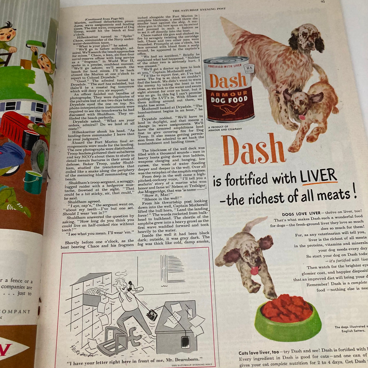 Illustrated advertisement from Saturday Evening Post Magazine December 8 1951 for Dash dog food, highlighting the product's benefits with an artistic depiction of dogs and their food.