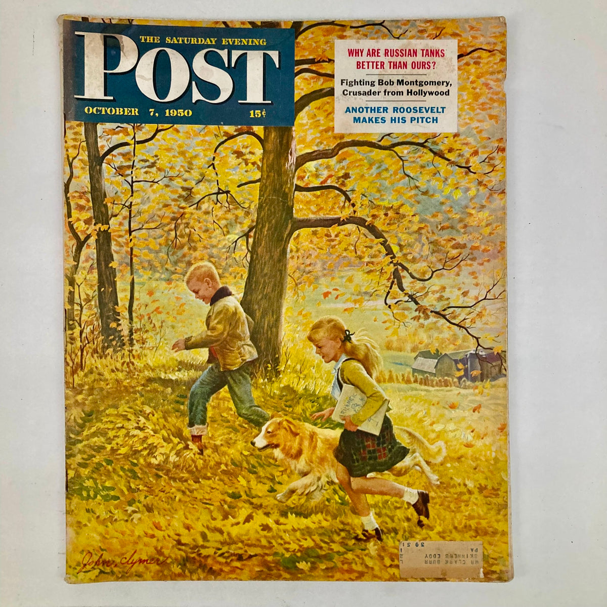 Cover of the Saturday Evening Post Magazine from October 7, 1950, featuring an illustrated autumn scene by John Clymer, depicting children playing in fallen leaves with a golden retriever.