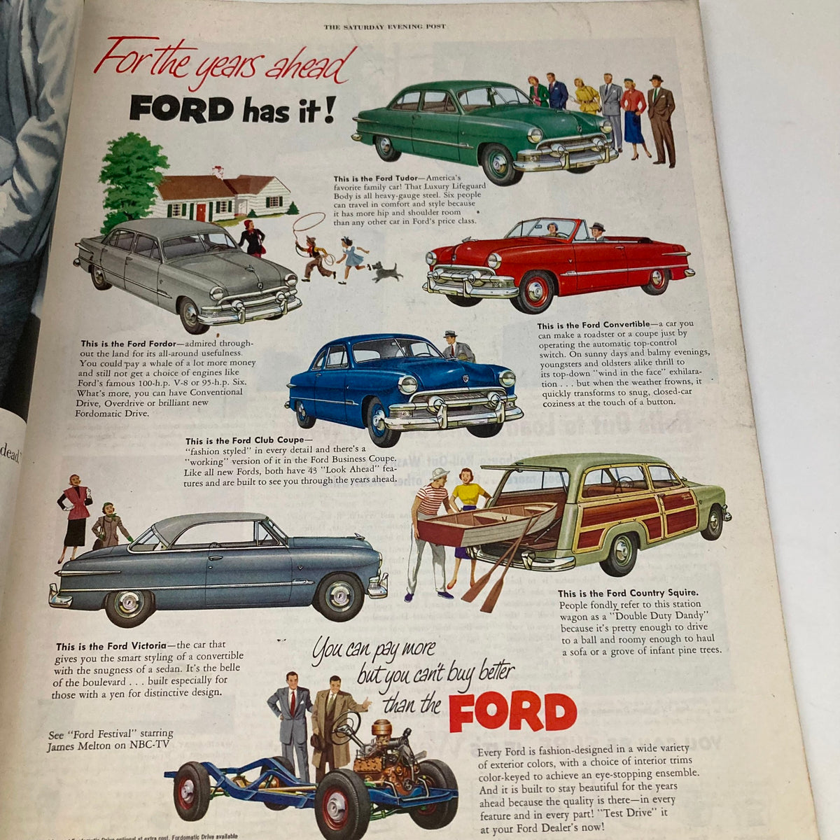 Advertising page featuring various Ford cars in the Saturday Evening Post Magazine from June 30, 1951, highlighting different models and styles.