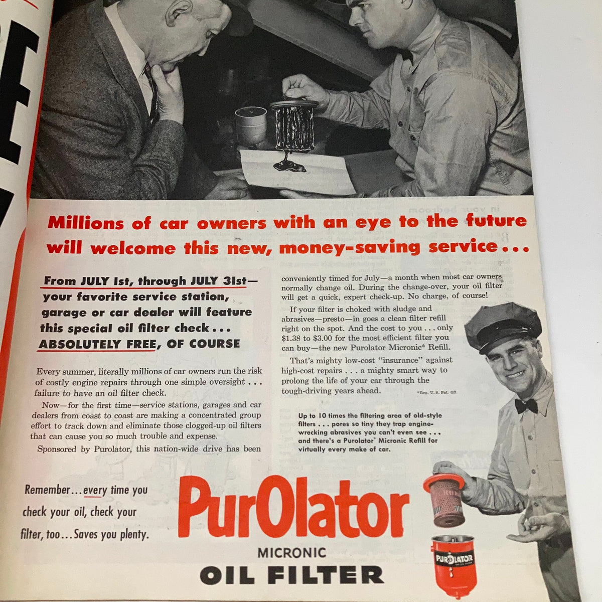 Advertisement for PurOlator oil filters in the Saturday Evening Post Magazine, June 30, 1951, promoting oil filter check services.