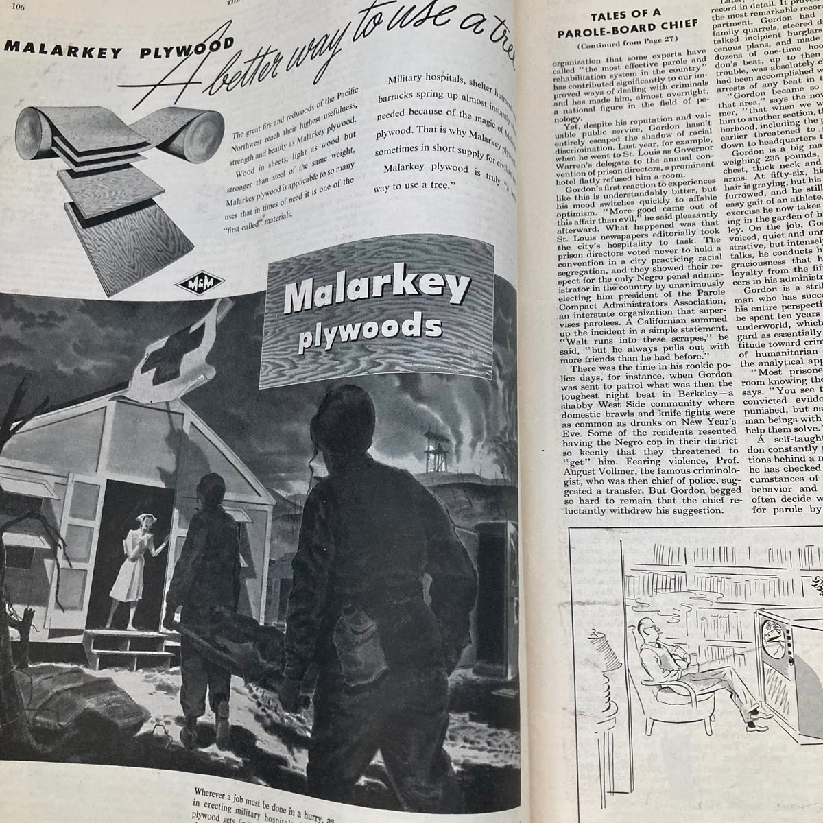 Interior page of the Saturday Evening Post Magazine, June 30, 1951, showcasing Malarkey plywood advertisement alongside an article extract.