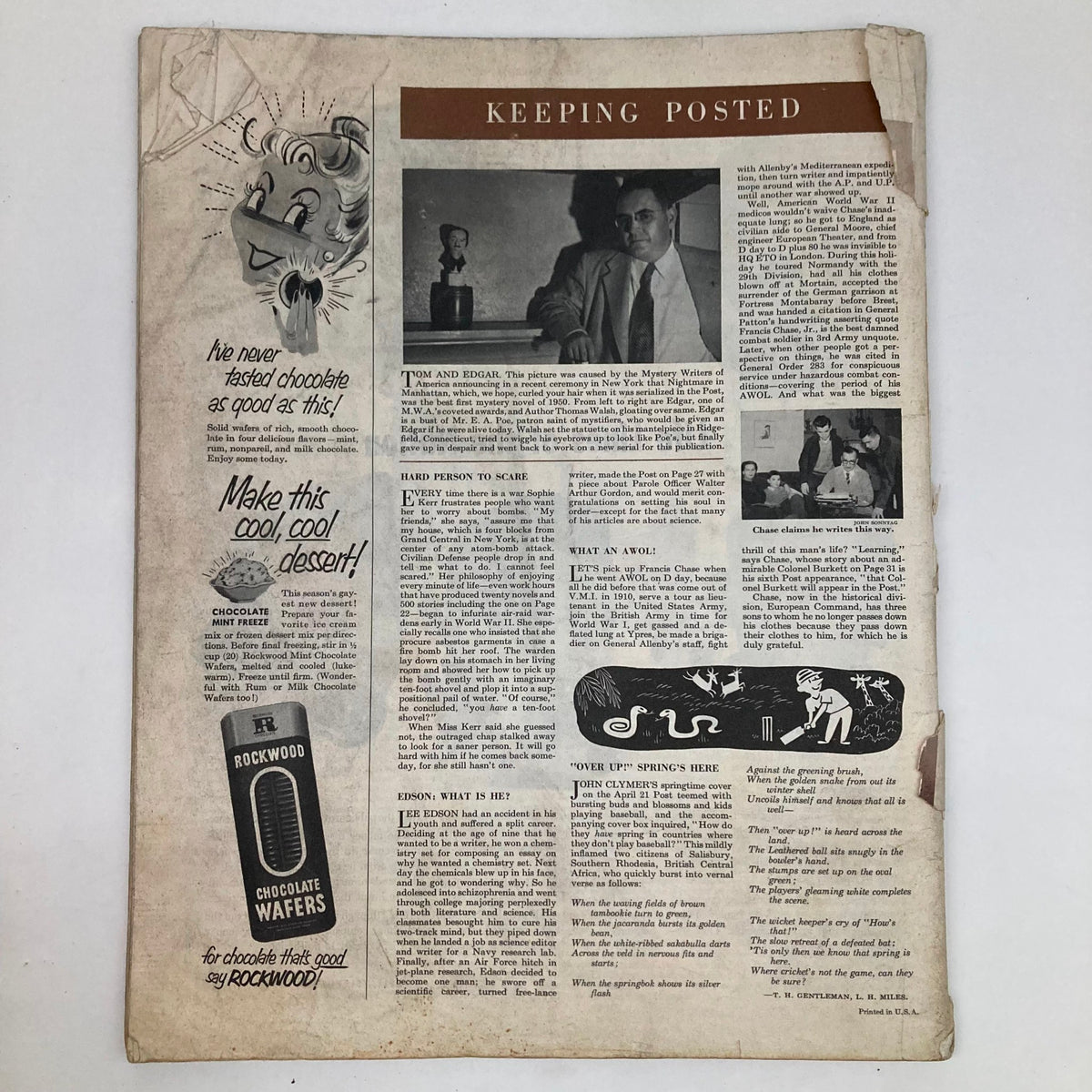 Back cover of the Saturday Evening Post Magazine June 30 1951, featuring advertisements and articles, illustrating mid-century American culture.