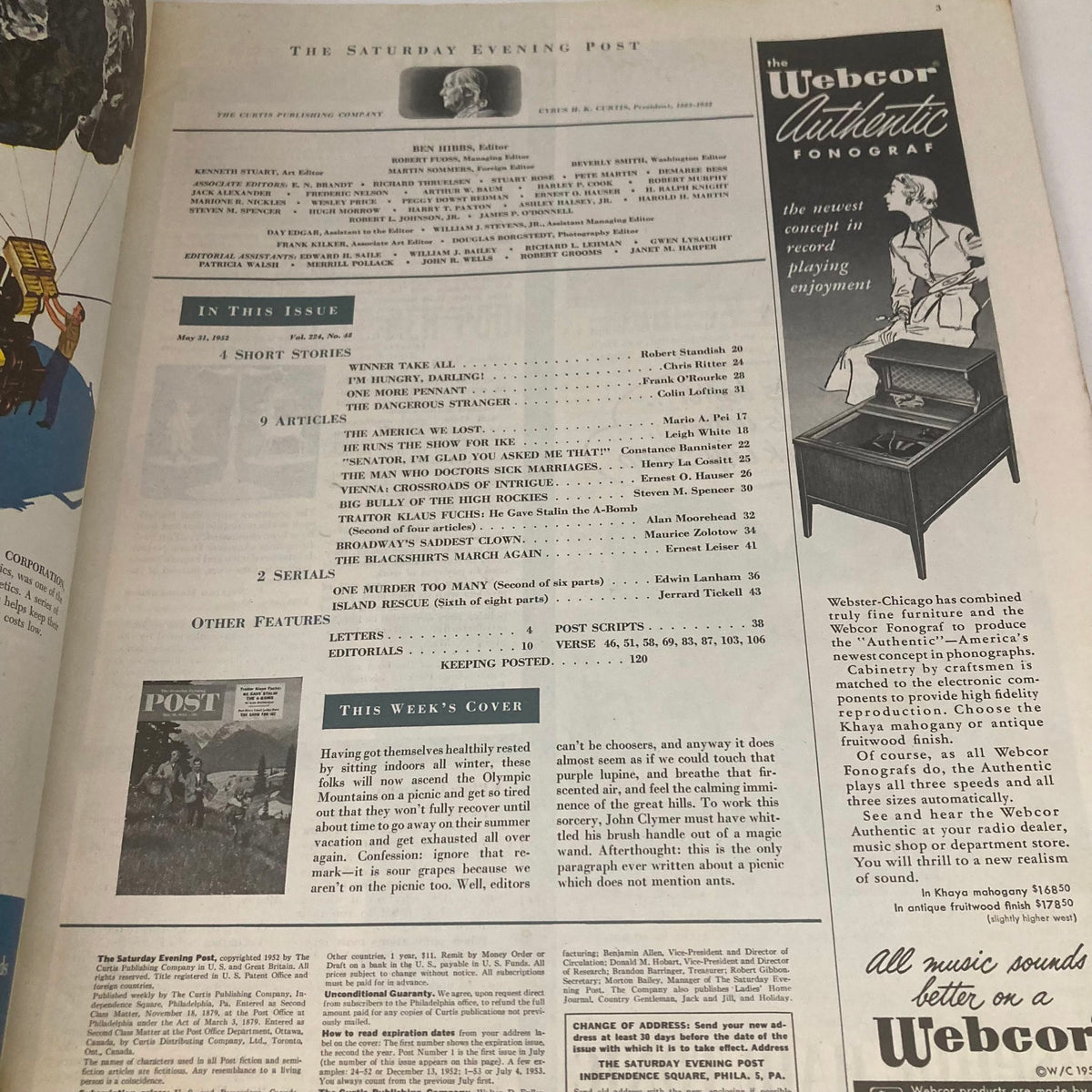 Interior page of the Saturday Evening Post Magazine May 31, 1952, listing articles and features, highlighting the publication's historical significance and content.