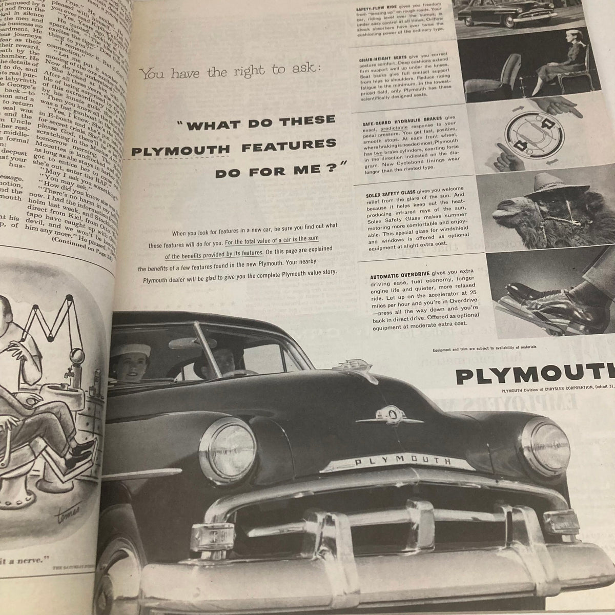 Plymouth car advertisement showcasing features in the Saturday Evening Post Magazine May 31 1952. The page includes a detailed explanation of automotive features alongside an image of a classic Plymouth car.