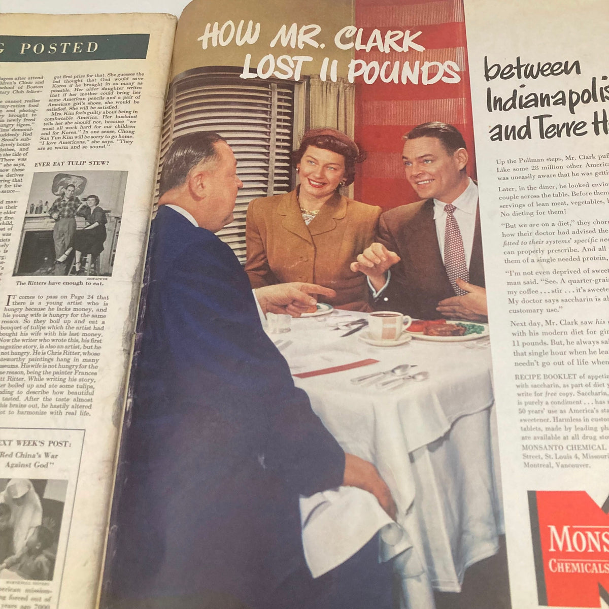 Illustration depicting a dining scene with Mr. Clark discussing weight loss featured in the Saturday Evening Post Magazine May 31 1952. The image showcases an elegant dining arrangement with three individuals engaged in conversation.