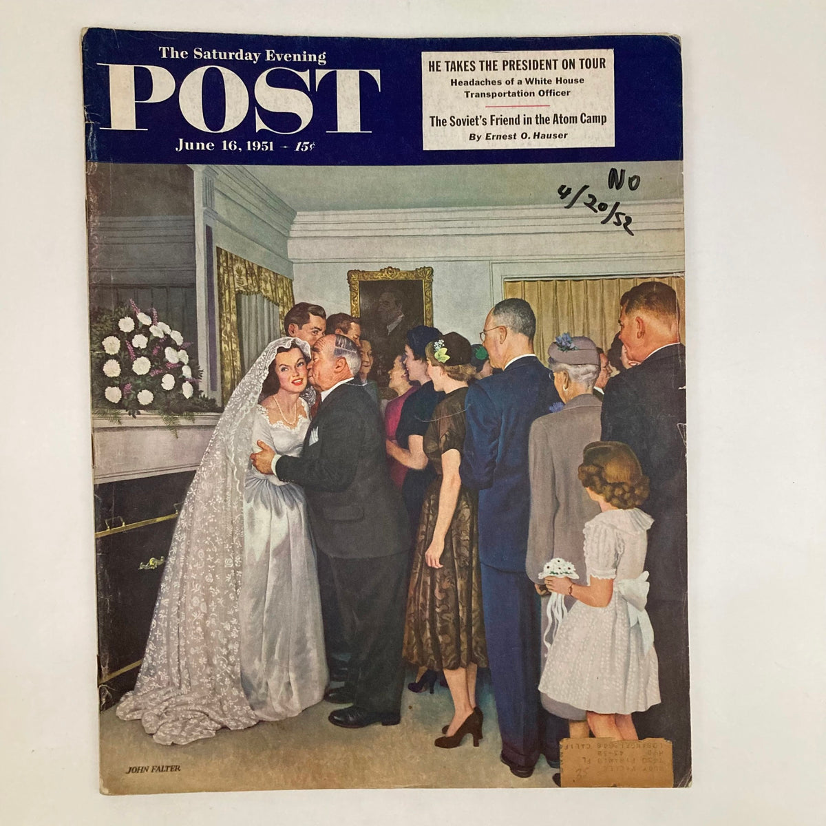 Cover of Saturday Evening Post Magazine June 16, 1951 featuring an illustration by J. Falter, depicting a wedding scene with a bride and groom surrounded by guests.
