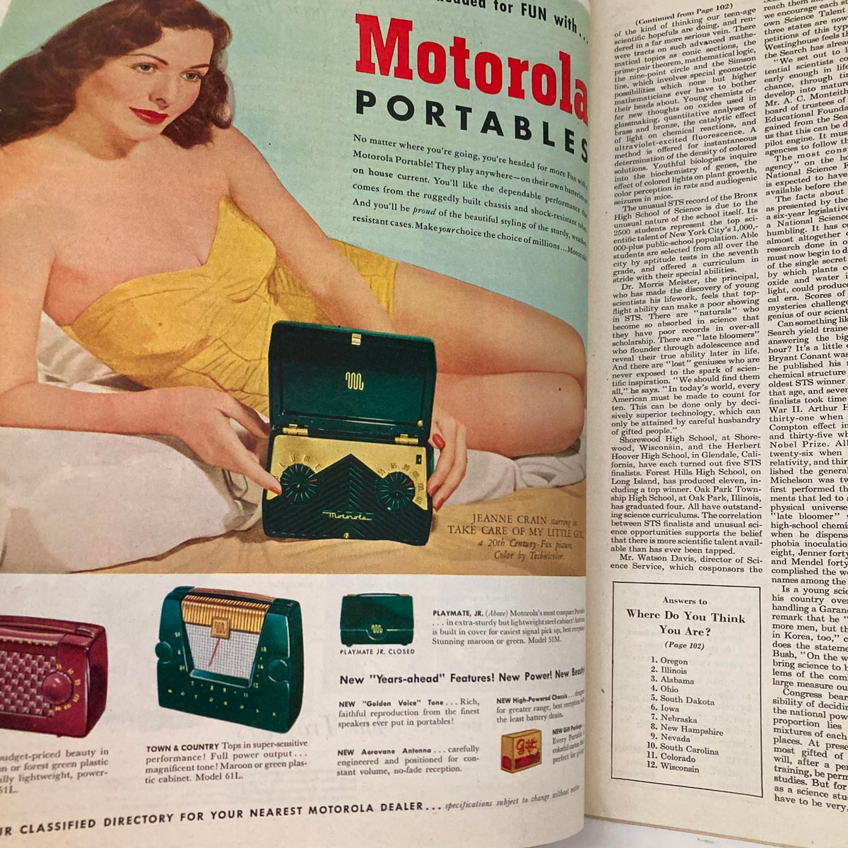 Vintage advertisement for Motorola Portables found in the Saturday Evening Post Magazine June 16, 1951, featuring a woman with a portable radio.