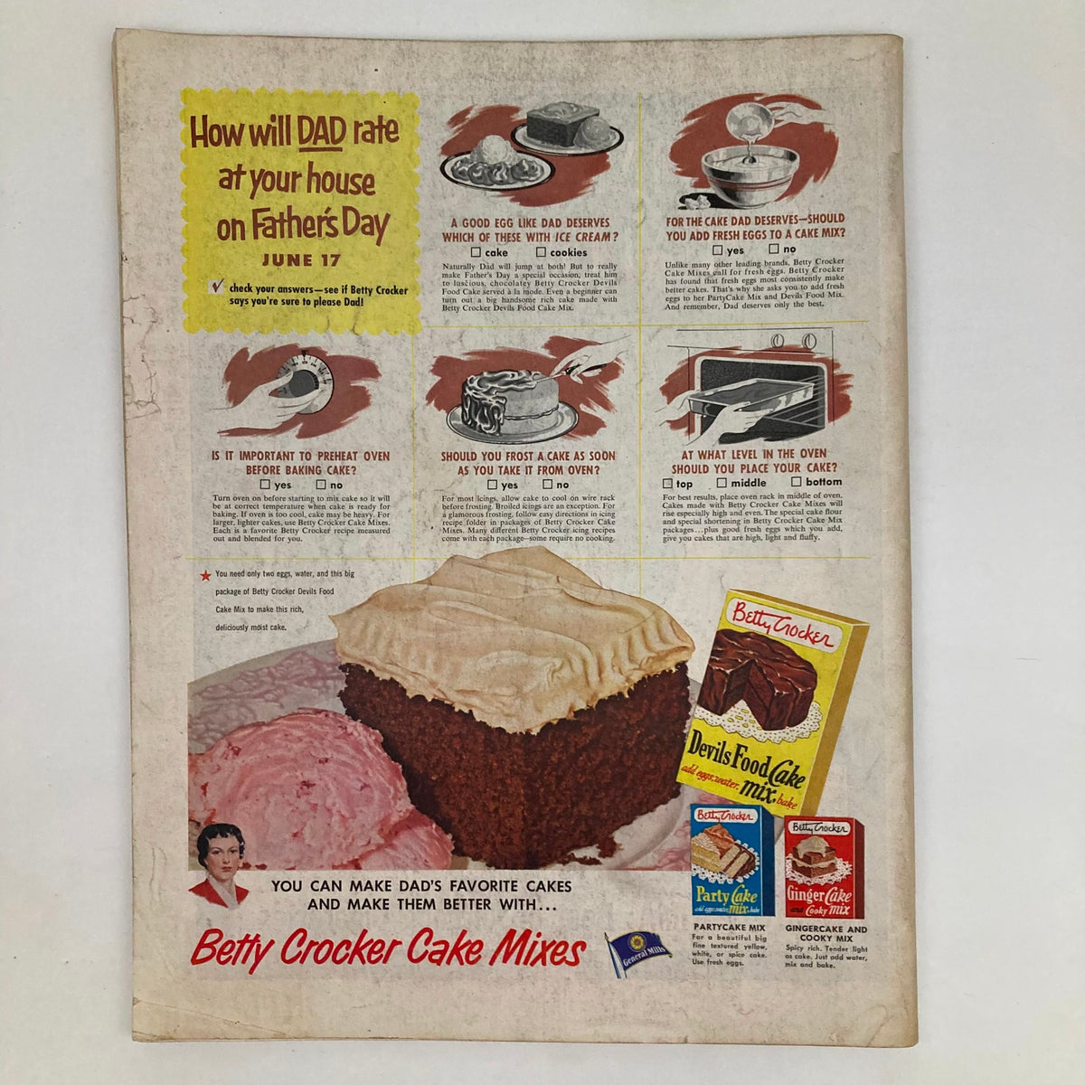 Recipe advertisement page from the Saturday Evening Post Magazine June 16, 1951, promoting Betty Crocker Cake Mixes with visuals of cakes and baking tips.