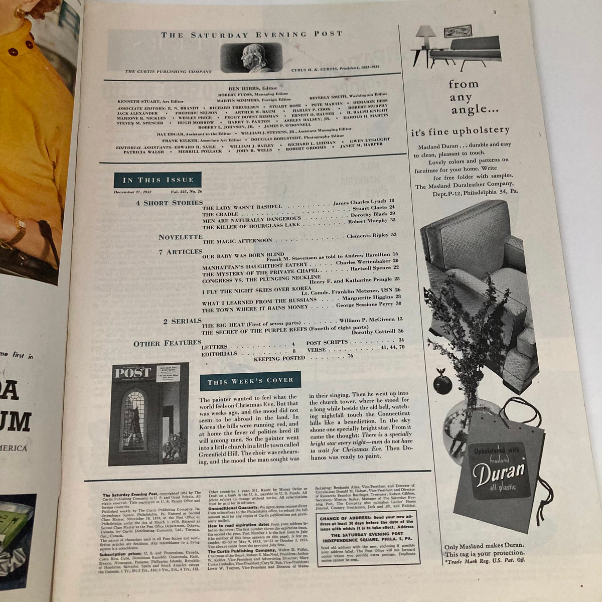 Interior page of the Saturday Evening Post Magazine December 27, 1952, showcasing the table of contents and editorial section, highlighting featured articles and stories from that issue.