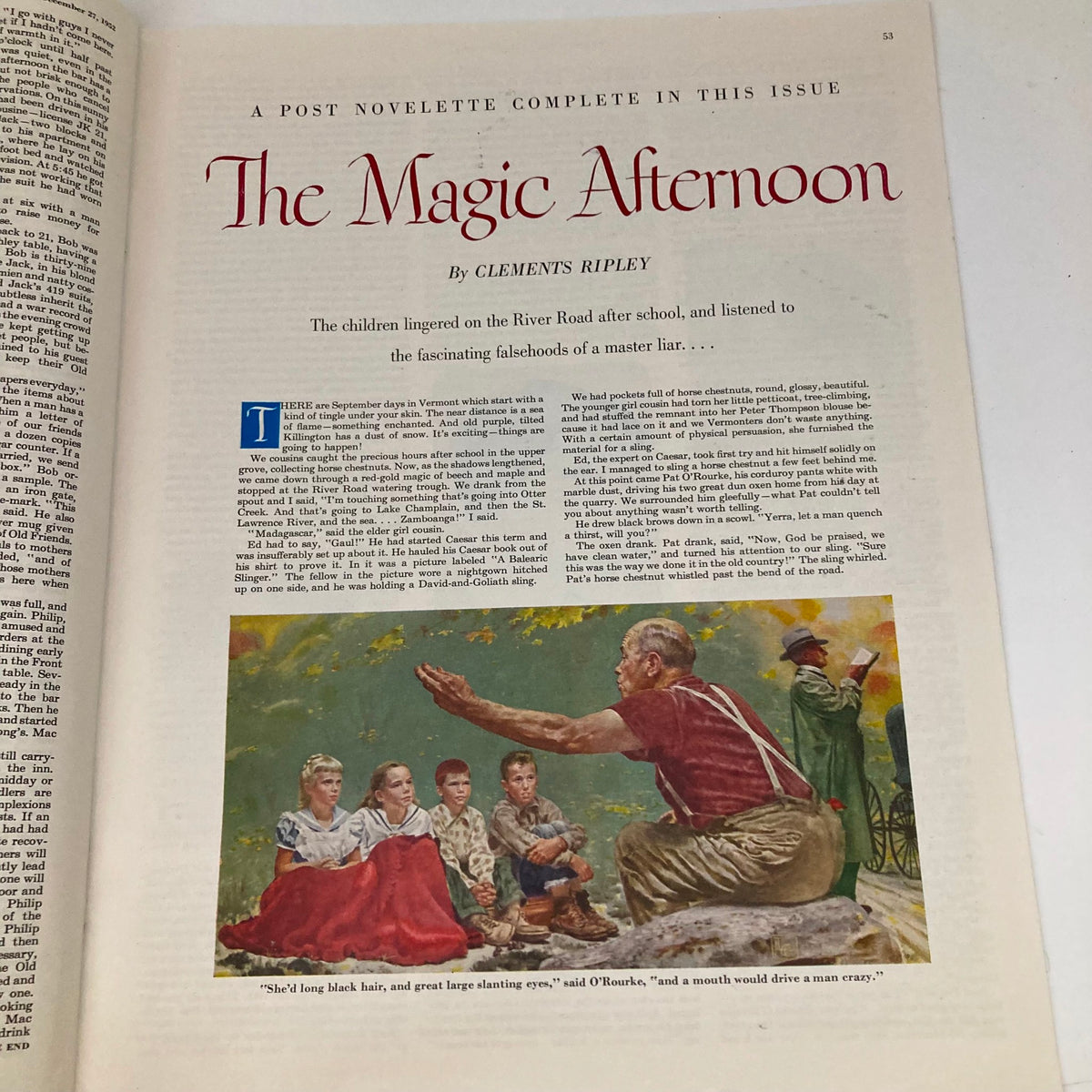 Page from the Saturday Evening Post Magazine December 27 1952 featuring the story 'The Magic Afternoon' by Clements Ripley, with an illustration of a storyteller engaging children outdoors.