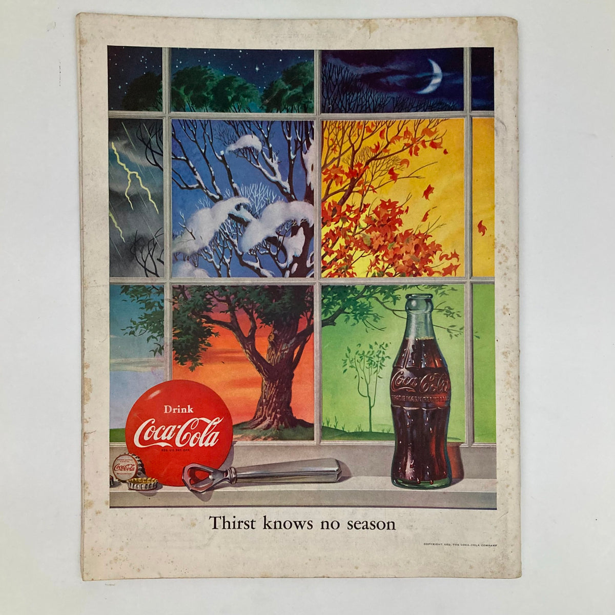 Cover of the Saturday Evening Post Magazine December 27 1952 showcasing a colorful Coca-Cola advertisement, depicting seasonal scenes through a window with the tagline 'Thirst knows no season.'