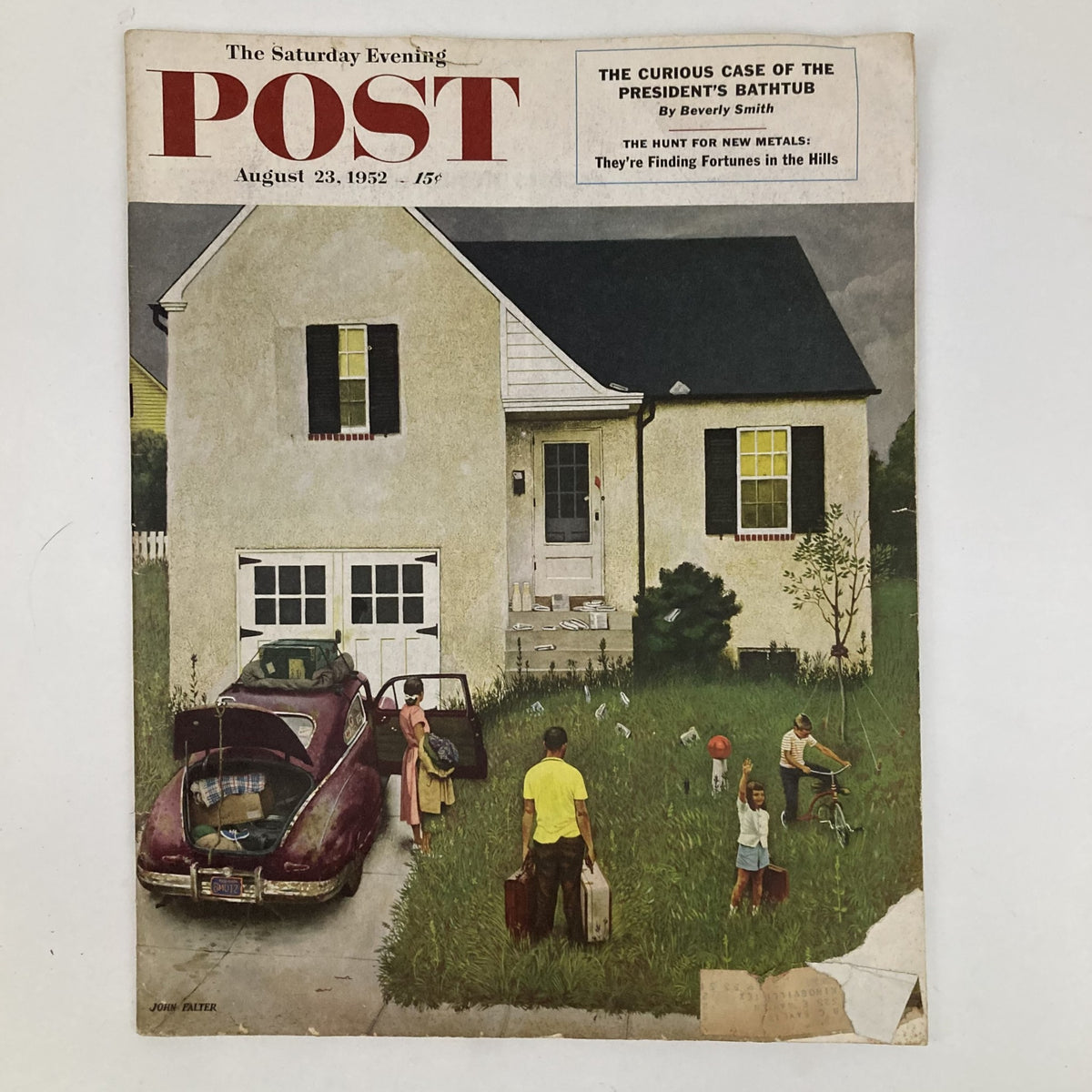 Saturday Evening Post Magazine August 23 1952 cover featuring an illustrated scene by Joseph Falter, depicting a family preparing for a journey outside their home with a vintage car.
