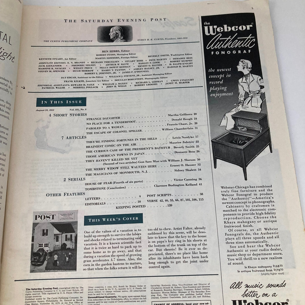 Interior page of the Saturday Evening Post Magazine August 23 1952, displaying the table of contents and feature articles of the issue.
