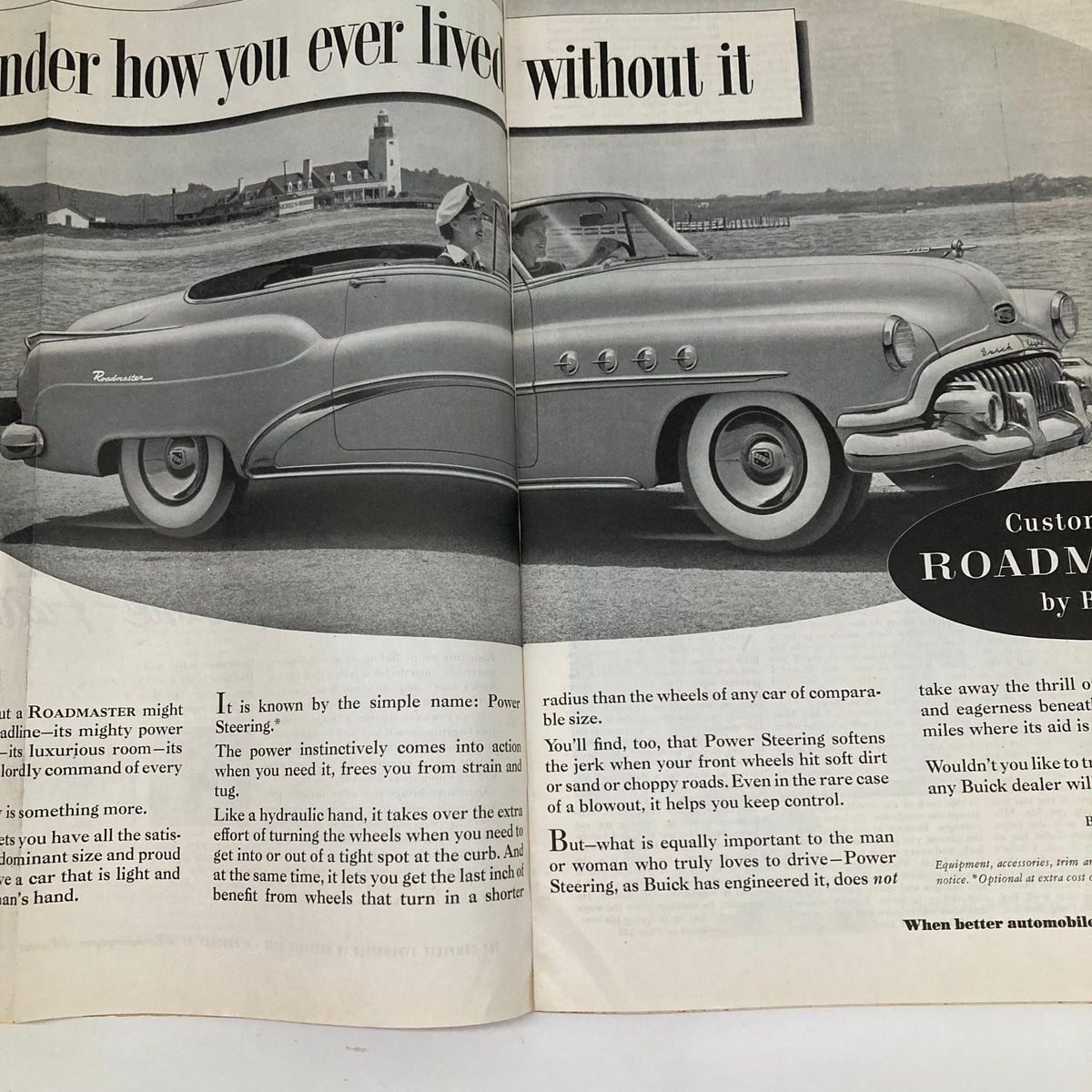 Automotive advertisement page from the Saturday Evening Post Magazine August 23 1952, promoting innovative features of the Buick Roadmaster.