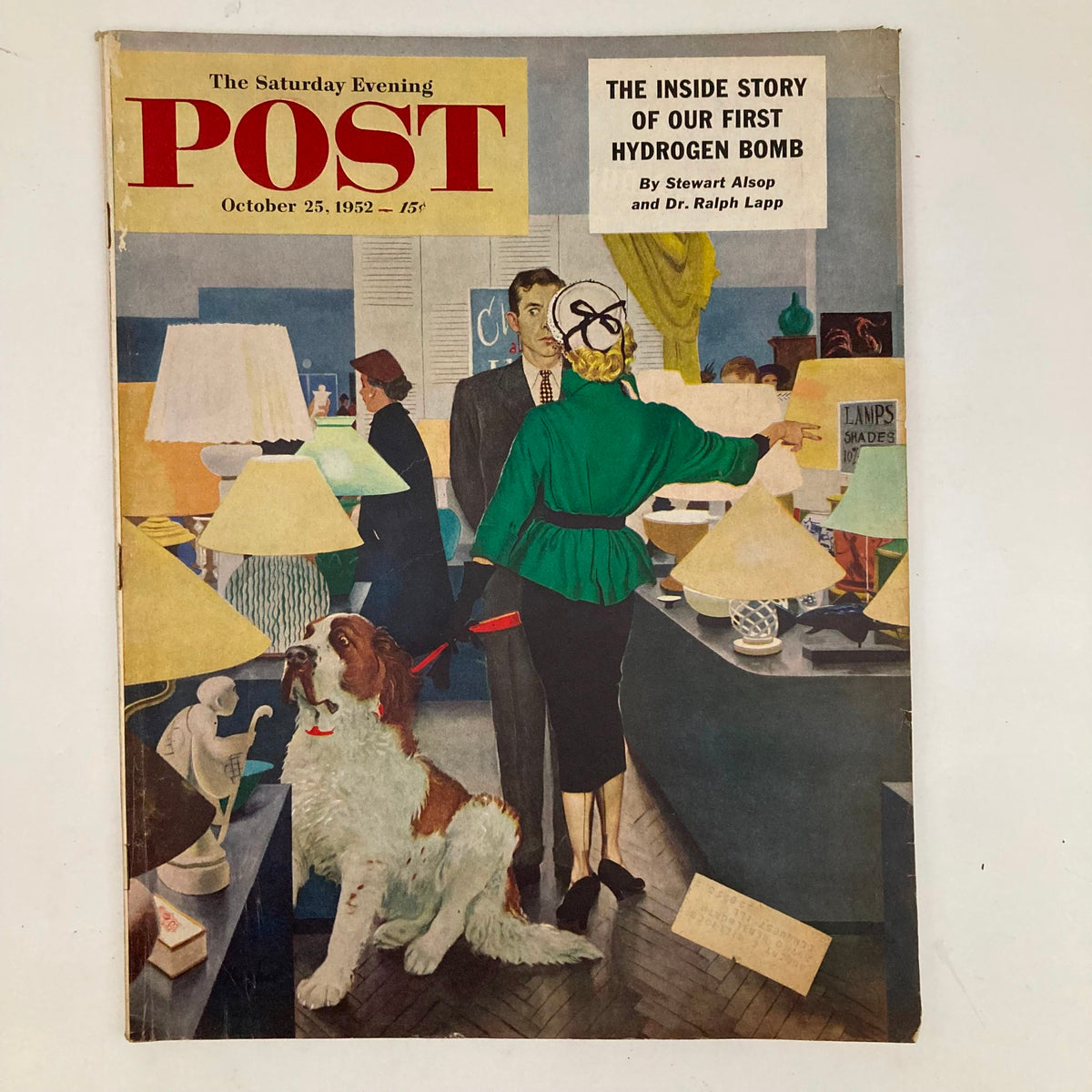 Saturday Evening Post Magazine October 25, 1952 featuring an illustrated cover by George Hughes, showcasing a vintage domestic scene with a Saint Bernard dog in a lamp store.
