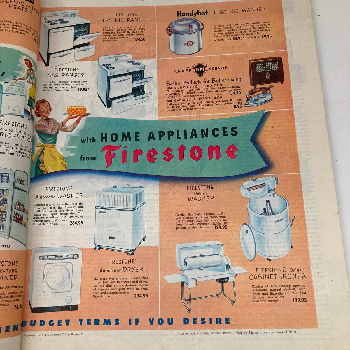 Advertisement page in the Saturday Evening Post Magazine October 25, 1952, highlighting Firestone home appliances, including electric ranges and washers, with colorful retro design.