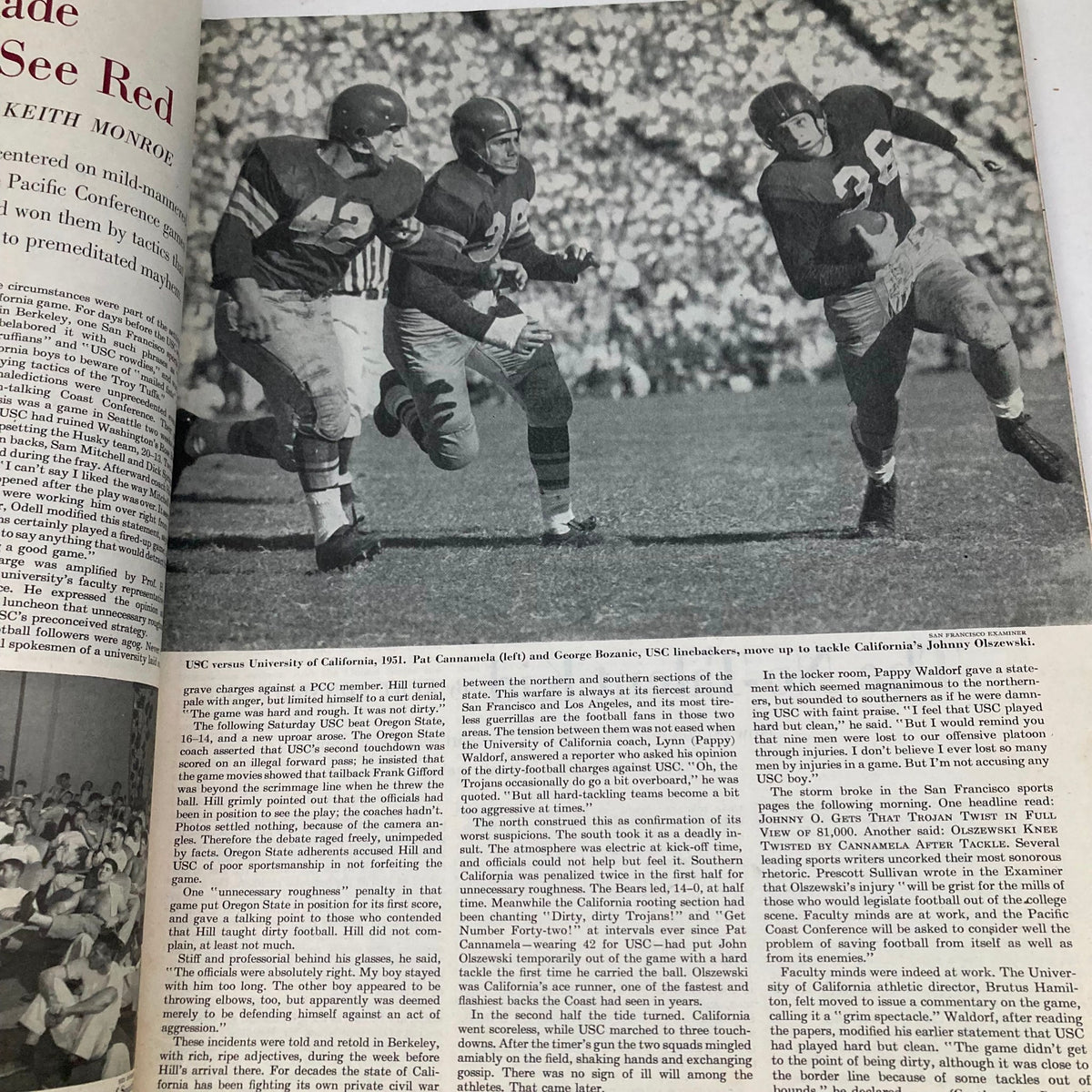 USC football players Pat Camanela and George Bozanich in action, from the Saturday Evening Post Magazine October 25 1952 featuring George Hughes art.