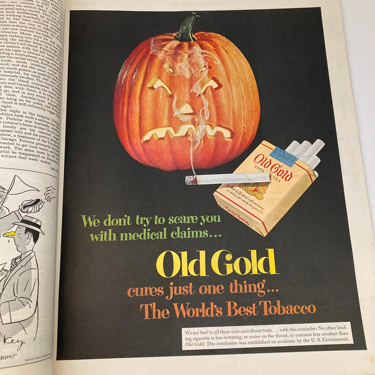 Vintage advertisement for Old Gold cigarettes featuring a Halloween pumpkin, from the Saturday Evening Post Magazine October 25 1952.