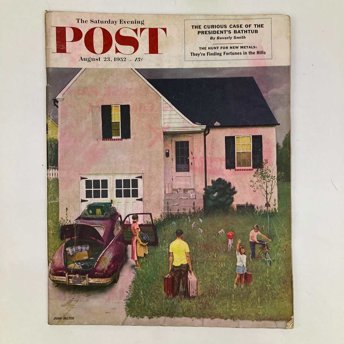 Saturday Evening Post Magazine August 23 1952 featuring an illustrated cover by John Falter, depicting a family outside their home with a vintage car and children engaged in play.