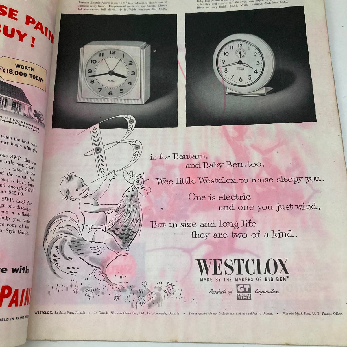 Advertisement page from the Saturday Evening Post Magazine August 23 1952 showcasing Westclox clocks, with whimsical artwork including a baby and a rooster, highlighting the charm of mid-century advertising.