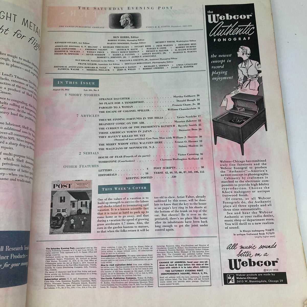 Inside page of the Saturday Evening Post Magazine August 23 1952 featuring magazine contents and advertisements.