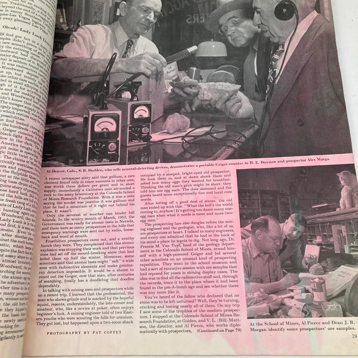 Inside page of the Saturday Evening Post Magazine August 23 1952 showing an article with a demonstration of a Geiger counter by S. R. Shielden.