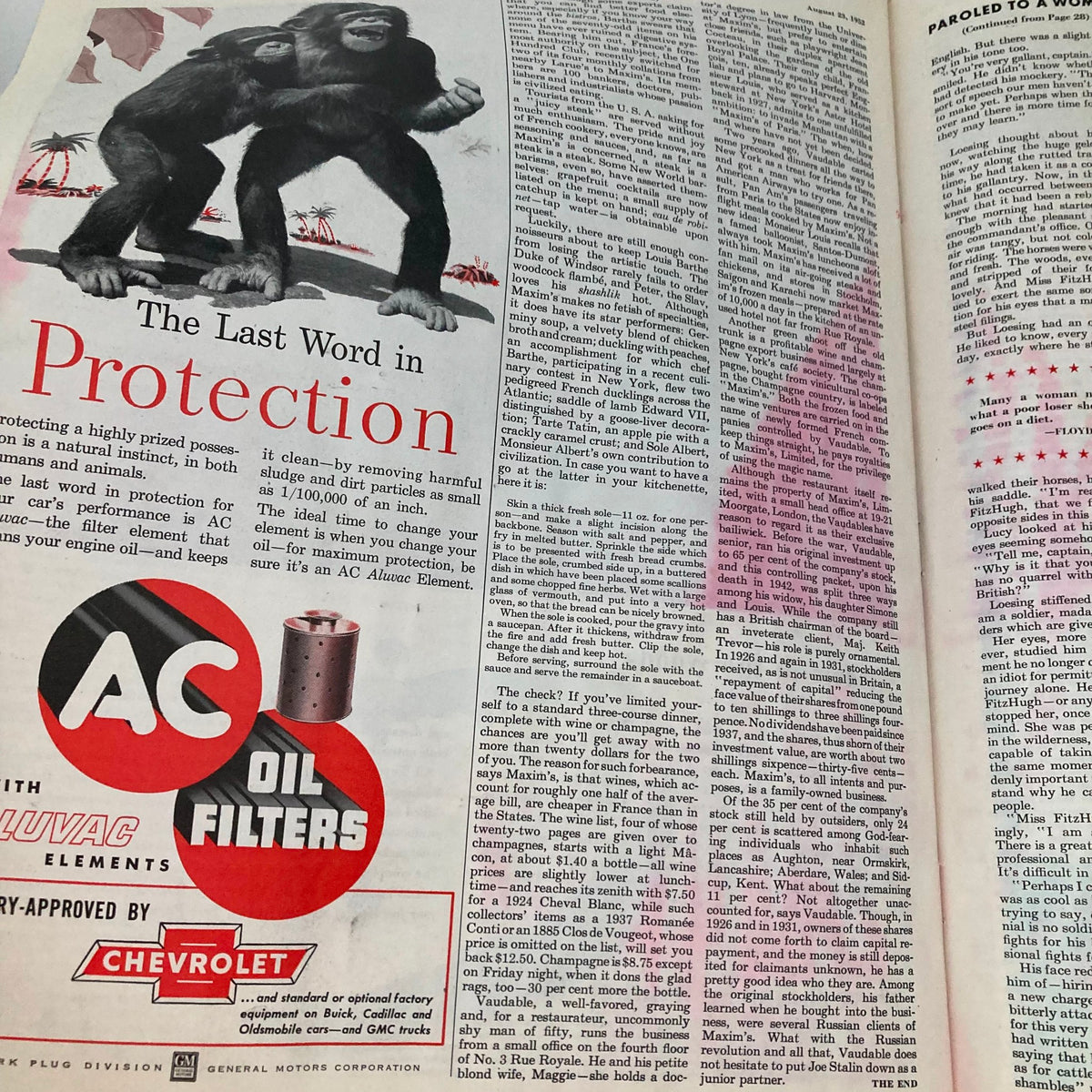 Page from the Saturday Evening Post Magazine August 23 1952 featuring an advertisement for AC oil filters with graphic of a gorilla.