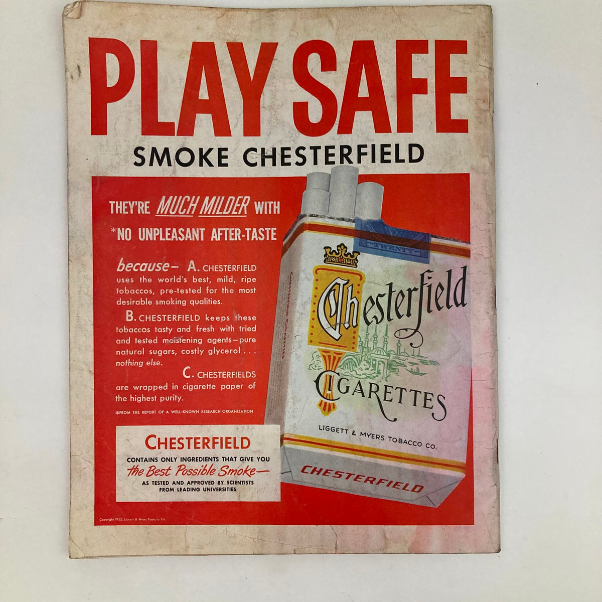 Back cover of the Saturday Evening Post Magazine August 23 1952 displaying an advertisement for Chesterfield cigarettes.