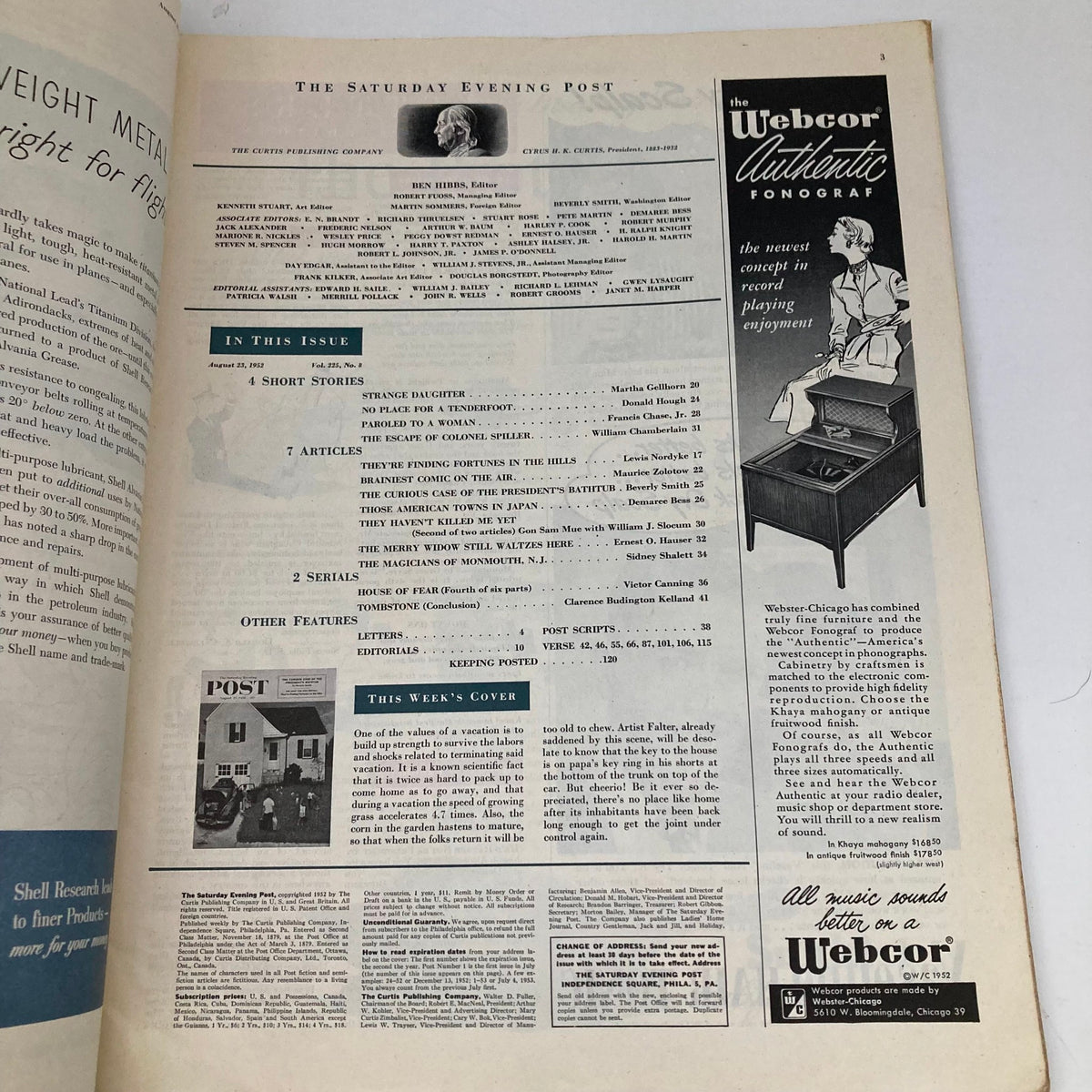 Inside page of the Saturday Evening Post Magazine August 23, 1952, featuring the table of contents and introduction, highlighting articles and stories from the era.