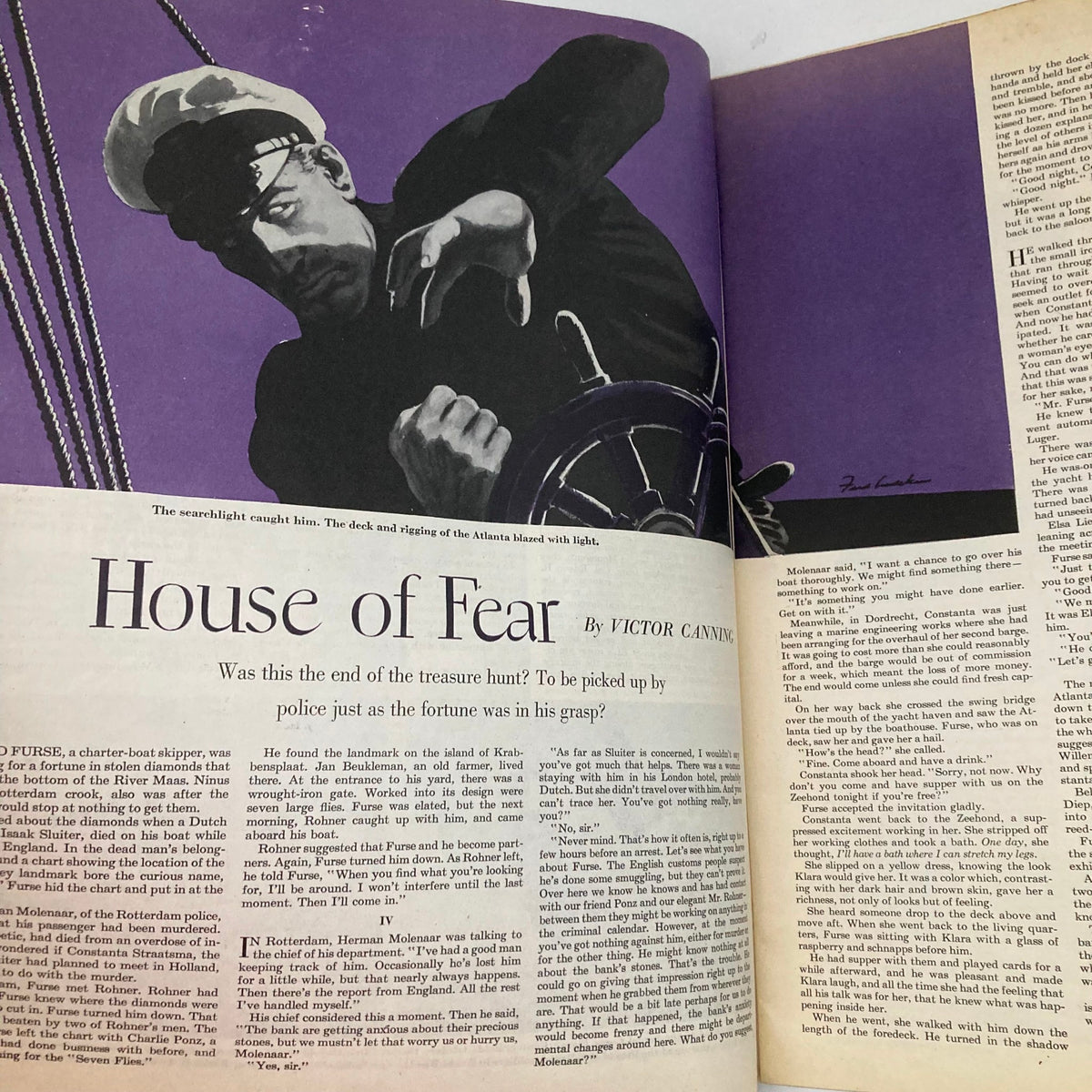 Article page from the Saturday Evening Post Magazine August 23, 1952, featuring the story 'House of Fear' by Victor Canning, including vivid illustrations pertinent to the narrative.