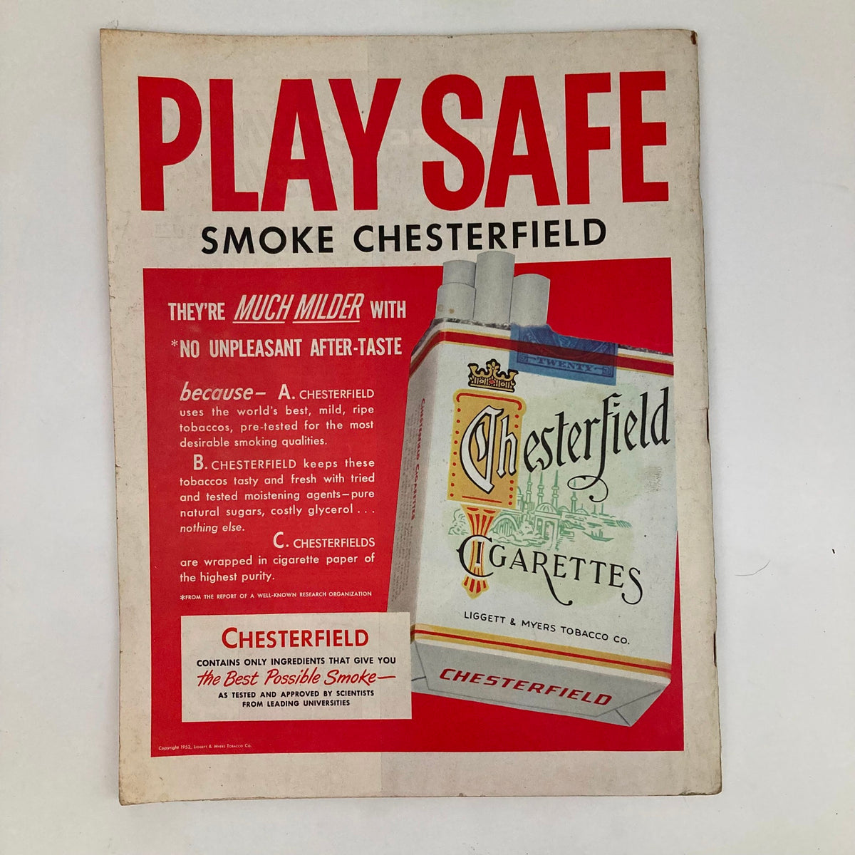 Advertisement from the Saturday Evening Post Magazine August 23 1952 promoting Chesterfield cigarettes, emphasizing its qualities and consumer appeal with bold graphics.