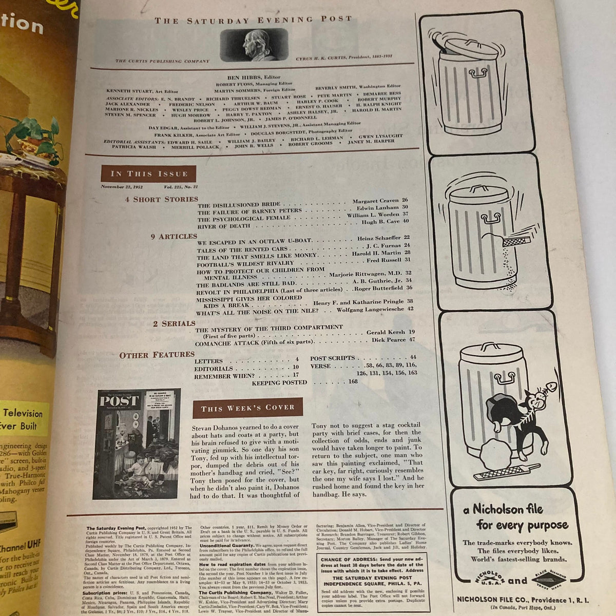Inside page of the Saturday Evening Post Magazine November 22, 1952, displaying the table of contents and articles, with insights into the publication's features and Stevan Dohanos' cover story.