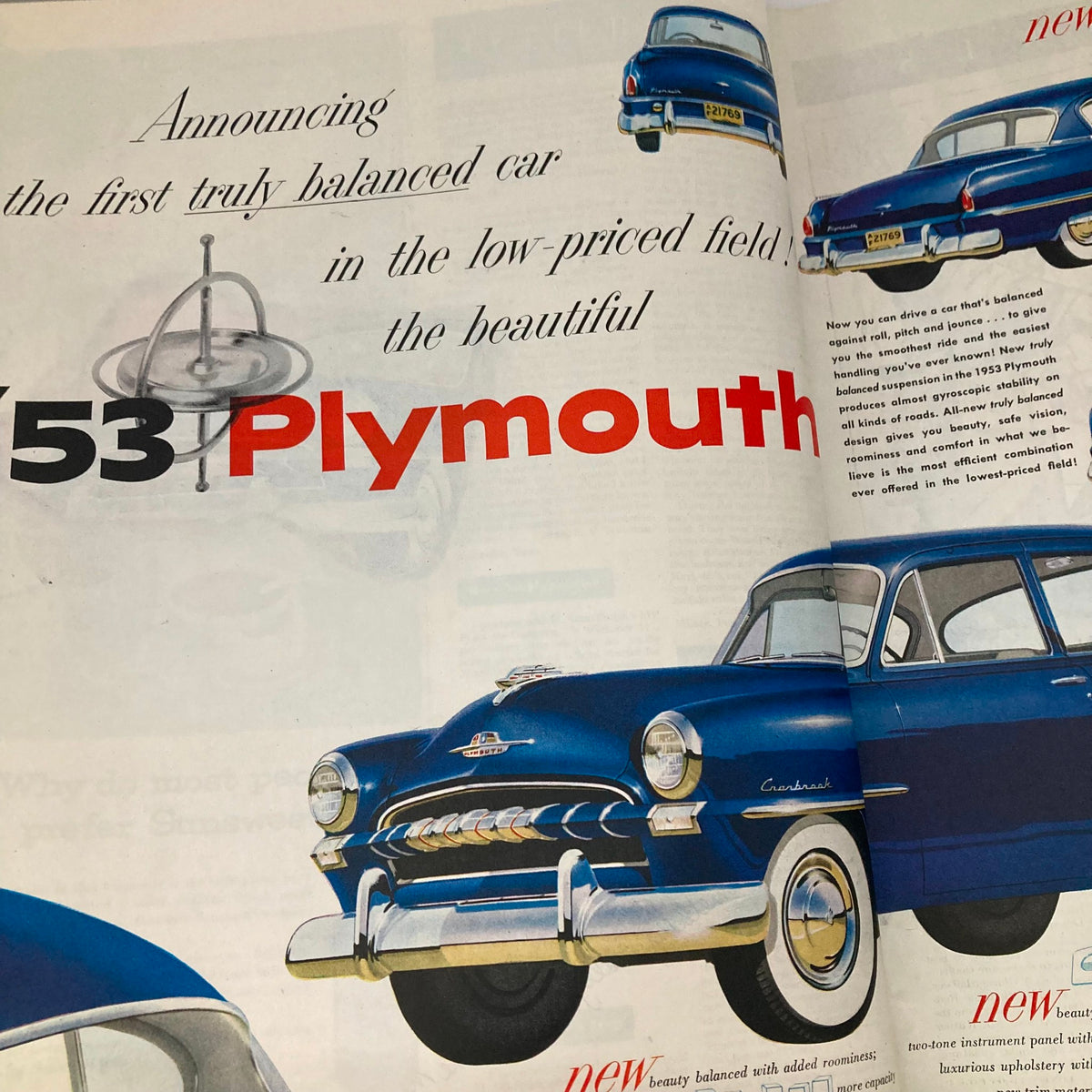 Advertisement for the 1953 Plymouth car showcasing its features and design in the Saturday Evening Post Magazine, November 22, 1952.