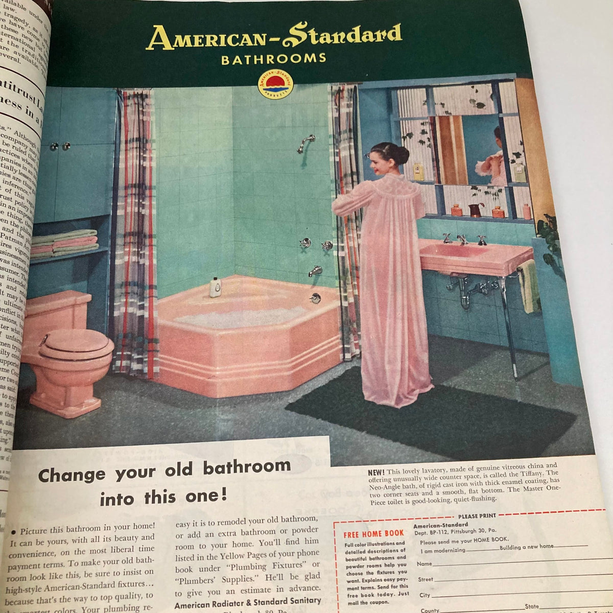 Vintage ad for American-Standard Bathrooms featuring a modern bathroom design with a woman in a pink gown, from Saturday Evening Post Magazine, November 22, 1952.