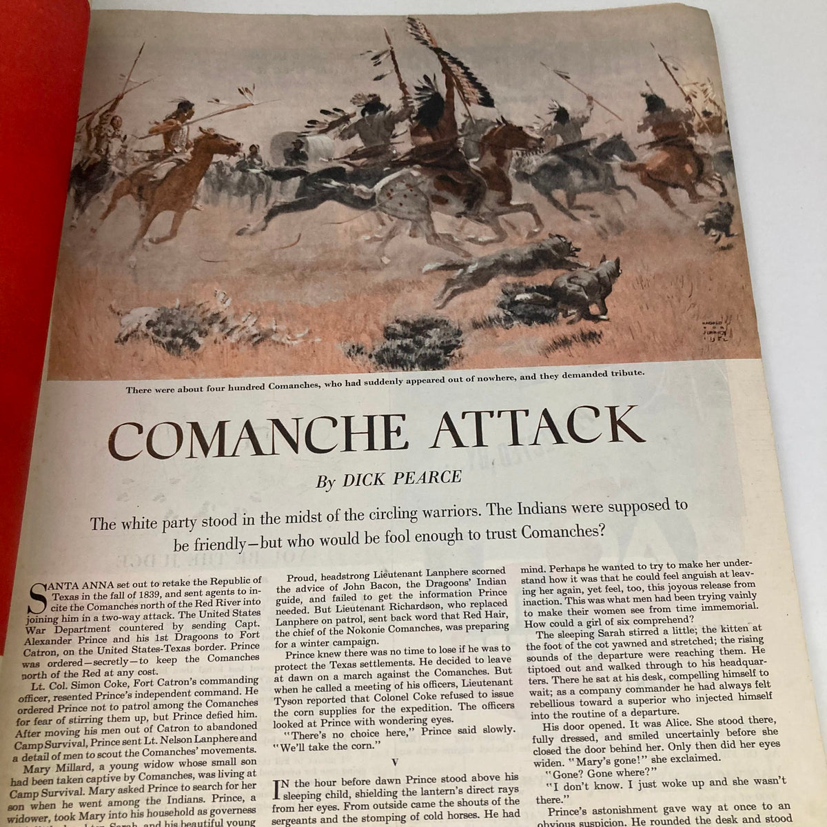 Illustration depicting a Comanche attack, accompanying an article in the Saturday Evening Post Magazine, November 22, 1952.