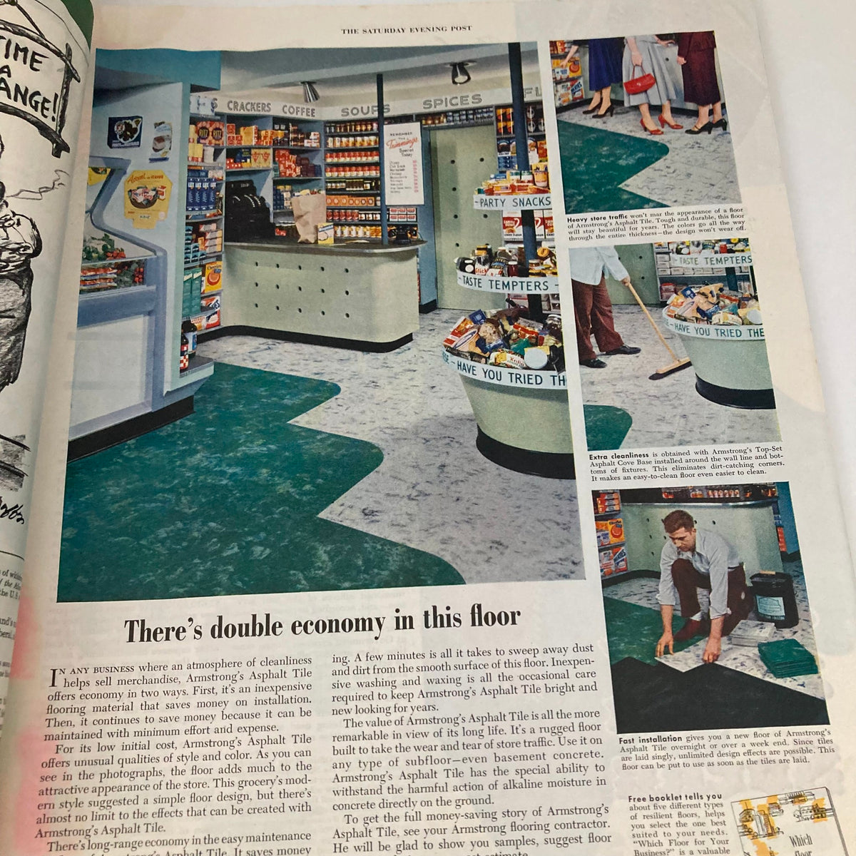 Advertisement and article page from the Saturday Evening Post Magazine, September 6, 1952, discussing economy in flooring for businesses.