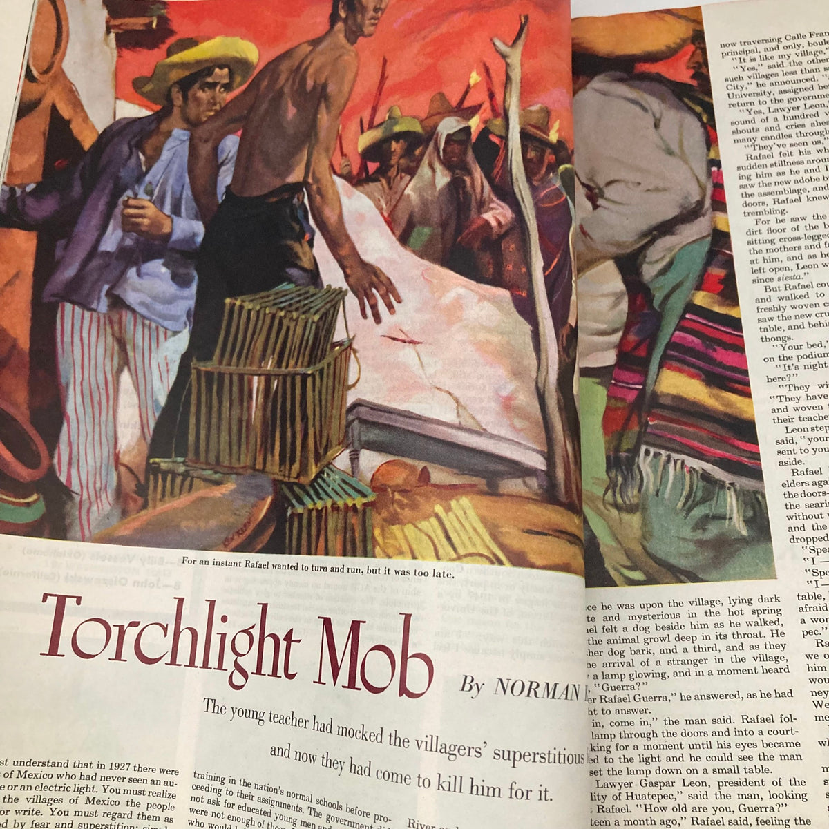 Story page titled 'Torchlight Mob' from the Saturday Evening Post Magazine, September 6, 1952, featuring an illustration of villagers in a dramatic scene.