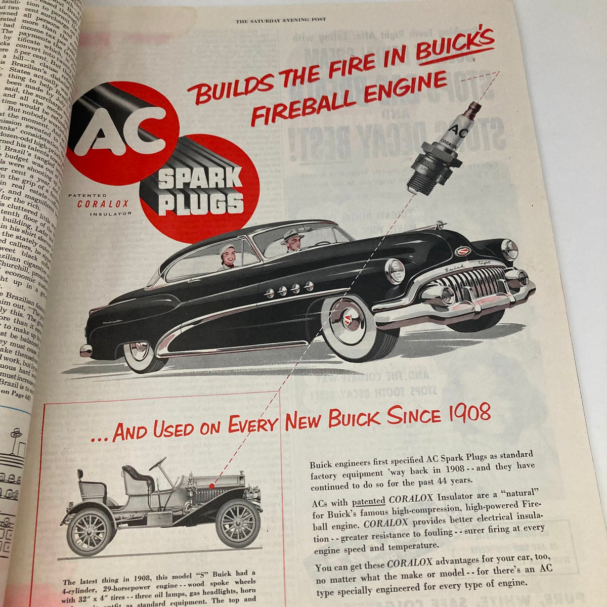 Vintage advertisement for AC Spark Plugs featuring a classic Buick car, highlighting the phrase 'Builds the Fire in Buick's Fireball Engine' from the Saturday Evening Post Magazine September 6 1952 Traffic Cop - George Hughes.
