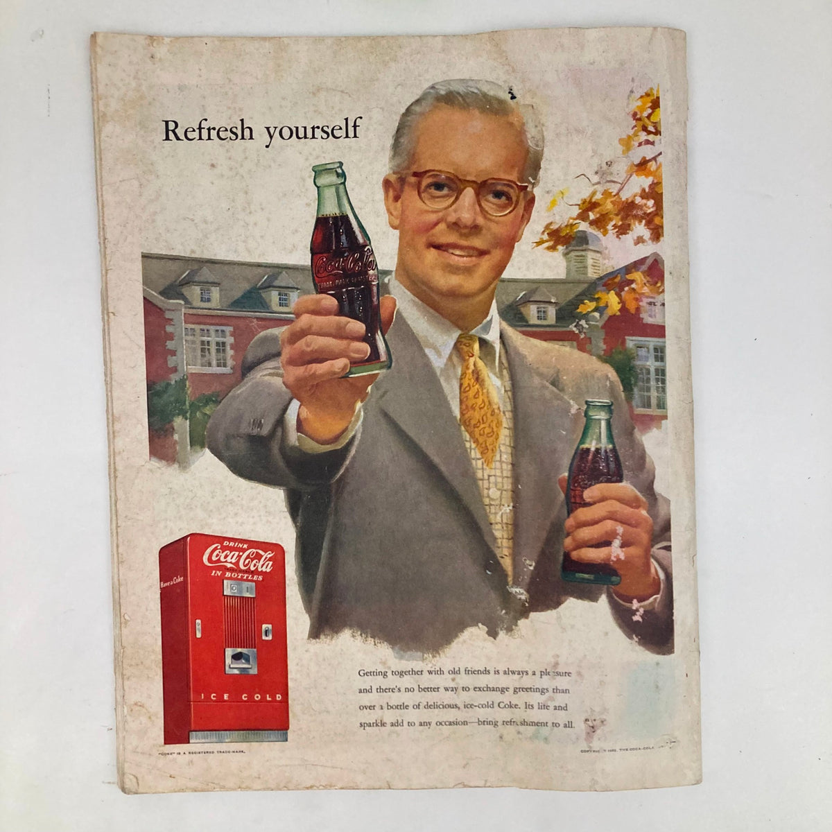 Advertising image of a man joyfully holding Coca-Cola bottles, promoting refreshment and social gatherings from the Saturday Evening Post Magazine September 6 1952 Traffic Cop - George Hughes.