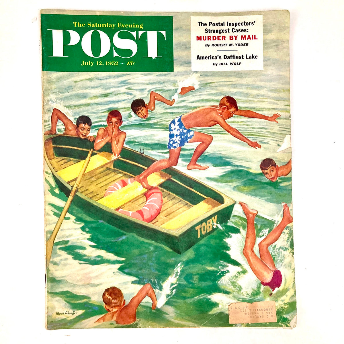 Cover of the Saturday Evening Post Magazine from July 12, 1952, featuring an illustration by artist Schaeffer depicting children swimming and playing in water, capturing the playful spirit of summer.