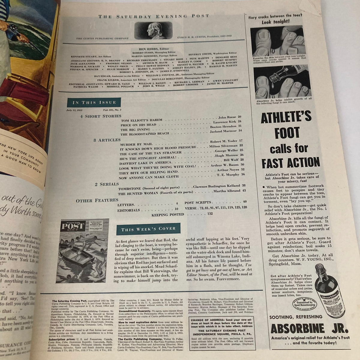 The Saturday Evening Post Magazine July 12, 1952, displays the editorial section featuring a list of contents, articles, and advertisements, showcasing the nostalgic layout typical of mid-20th century magazines.