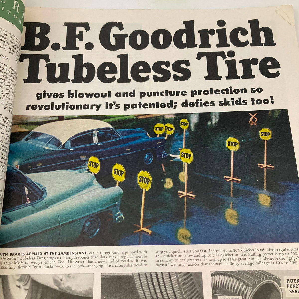 A colorful advertisement in the Saturday Evening Post Magazine July 12, 1952, promoting B.F. Goodrich Tubeless Tires, highlighting their patented features and benefits, reflecting automotive marketing from the 1950s.