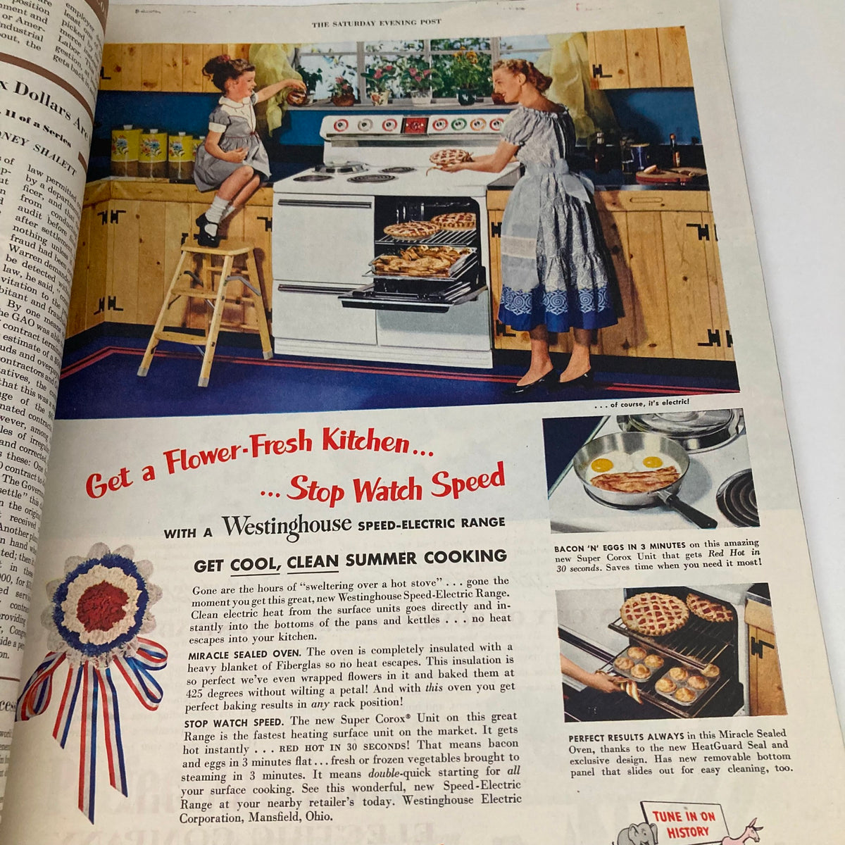 An advertisement for a Westinghouse Speed-Electric range in the Saturday Evening Post Magazine July 12, 1952, depicted with a woman cooking, showcasing mid-century kitchen technology and home life.