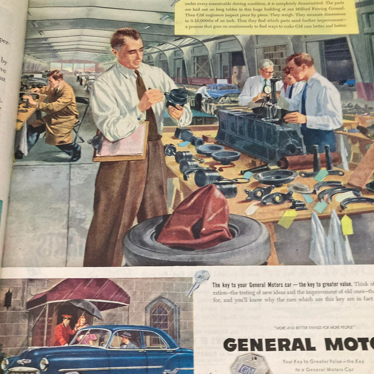 Saturday Evening Post Magazine July 12 1952 featuring an illustration of men inspecting car parts in a factory, showcasing vintage Americana and industrial design.