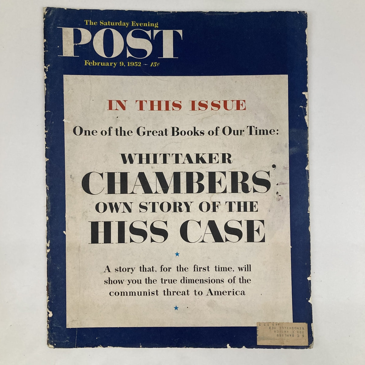 Cover of Saturday Evening Post Magazine from February 9, 1952 featuring Whittaker Chambers' own story of the Hiss case, showcasing mid-century American design.